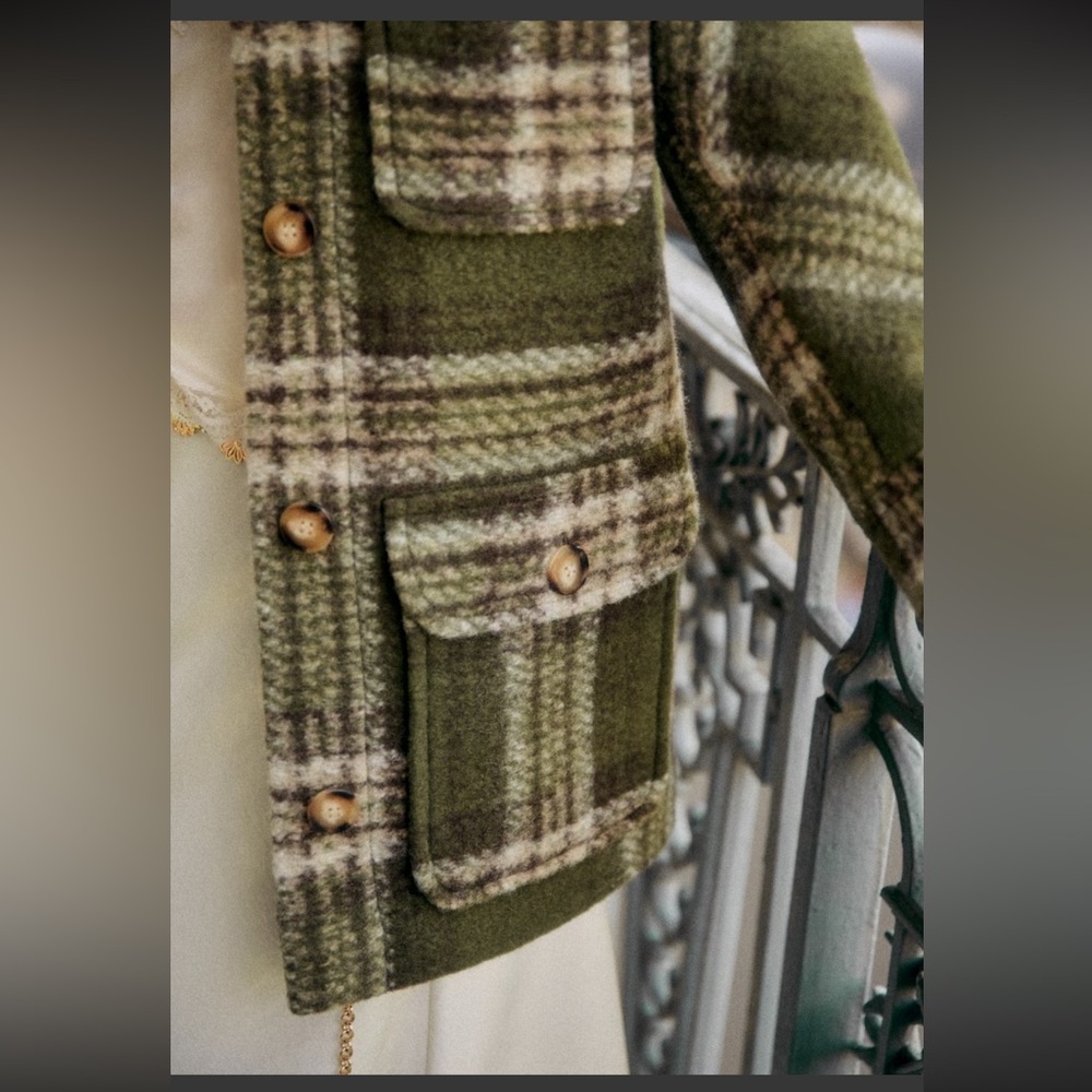 Sezane Paolo Green Khaki Plaid Check Jacket, NWT - Picture 5 of 10